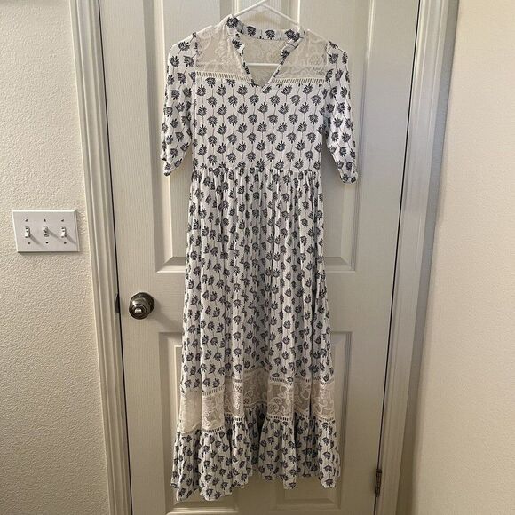 Joyfolie Mia Joy Alicia Maxi Dress Blue Leaf Print Boho Girls Size 8 - Picture 1 of 14